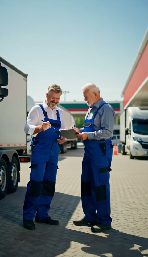 Hansetrail-Partnerschaft: zwei Unternehmer an einer Tankstelle